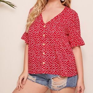Shein Red White V-Neck Floral Daisys Ruffle Sleeves Blouse Size 4XL Plus Size